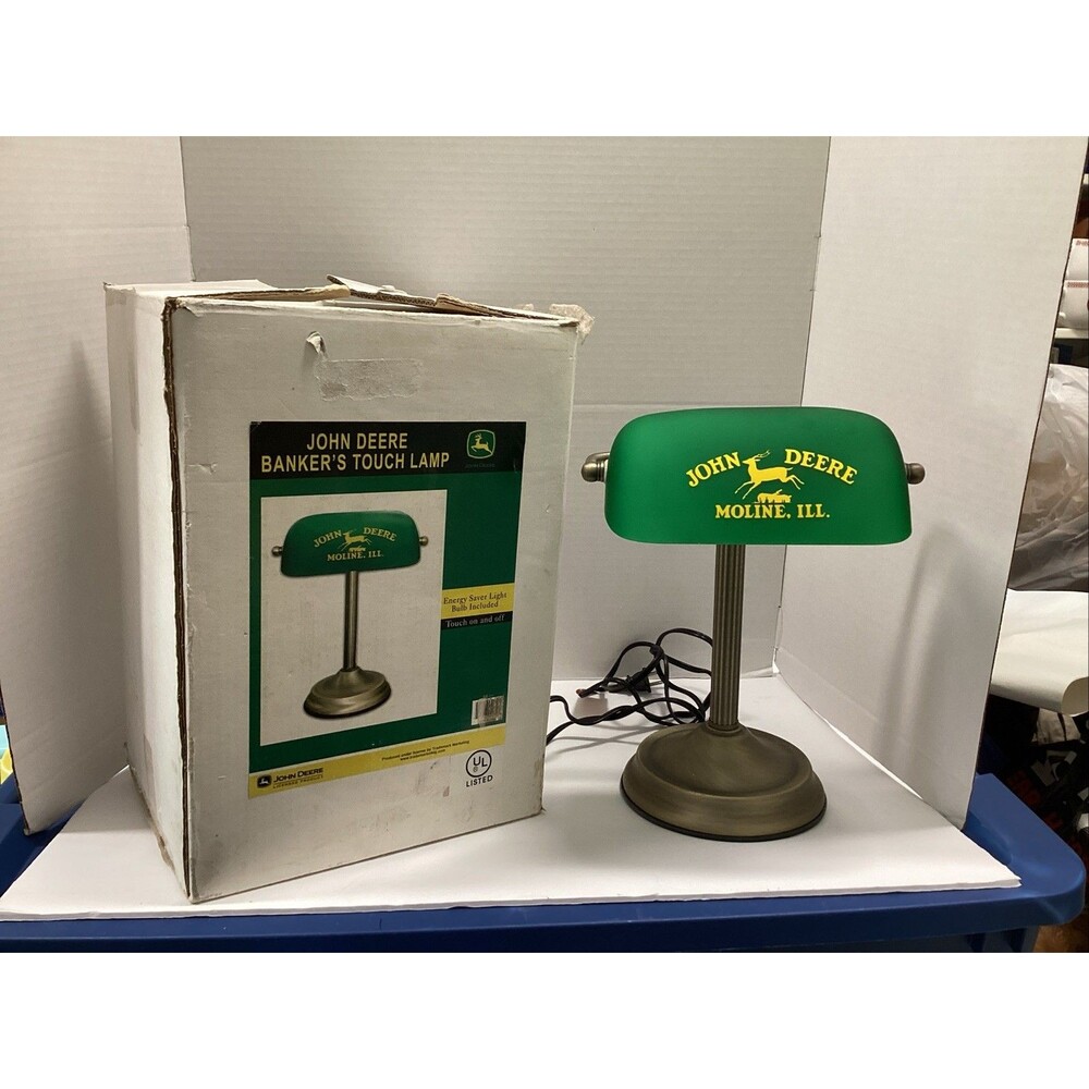John Deere bankers touch lamp advertising green glass shaded
